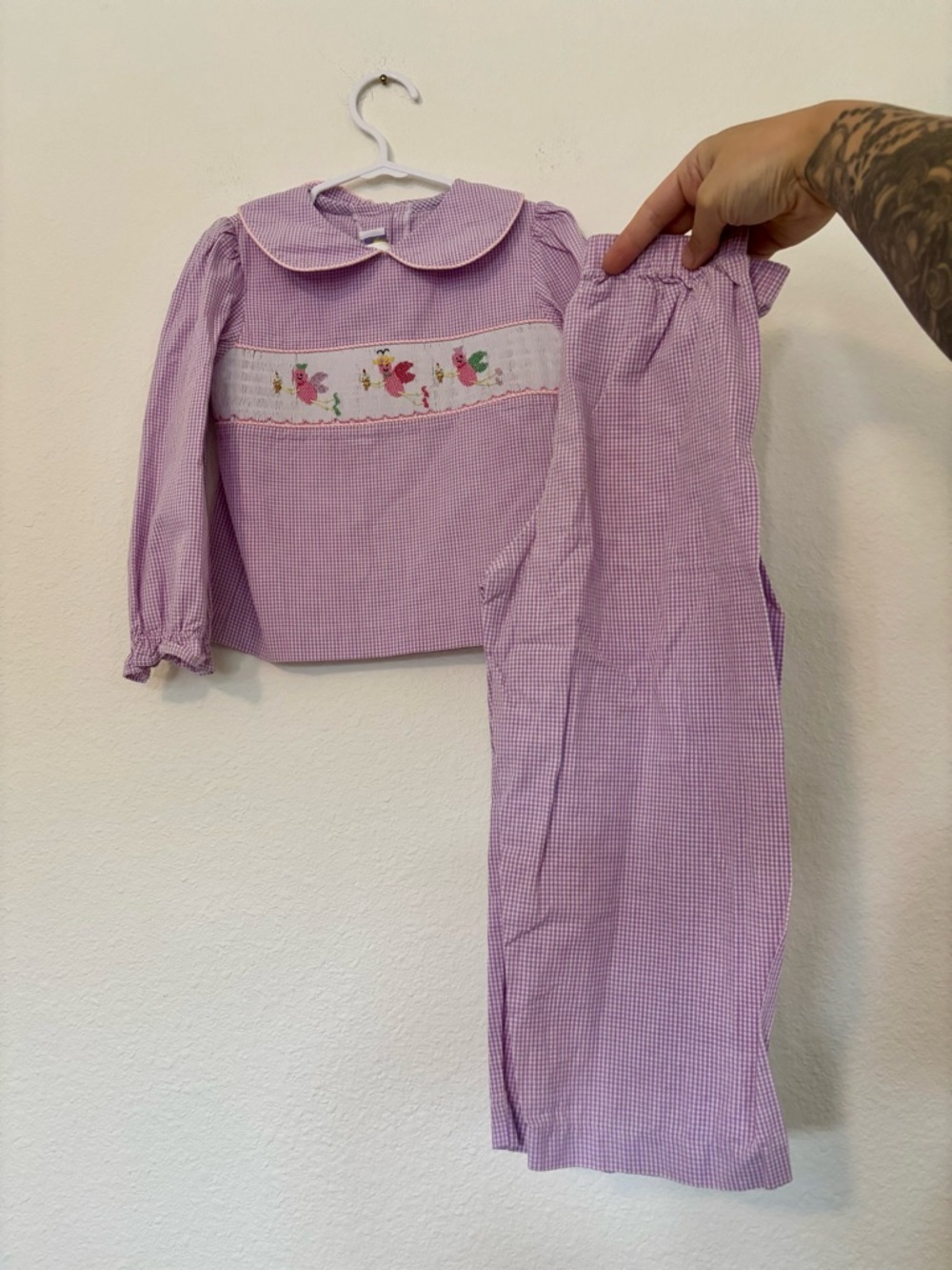Girls' Pink Lavender Gingham Pajama Set with Embroidered Chest Panel